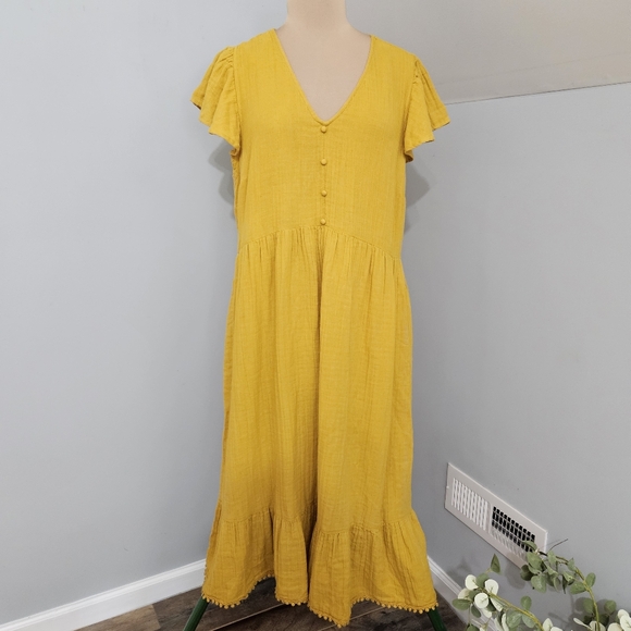 Time and Tru Dresses & Skirts - Mustard Yellow Maxi Dress XXL Boho Flutter Prairie Cottagecore Boho Cotton Gauze